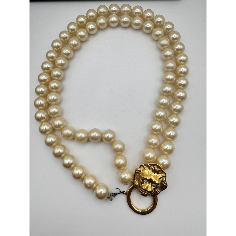 Vintage KJL for AVON Necklace Gold Tone Lion Clasp Faux Pearl Double Strand READ